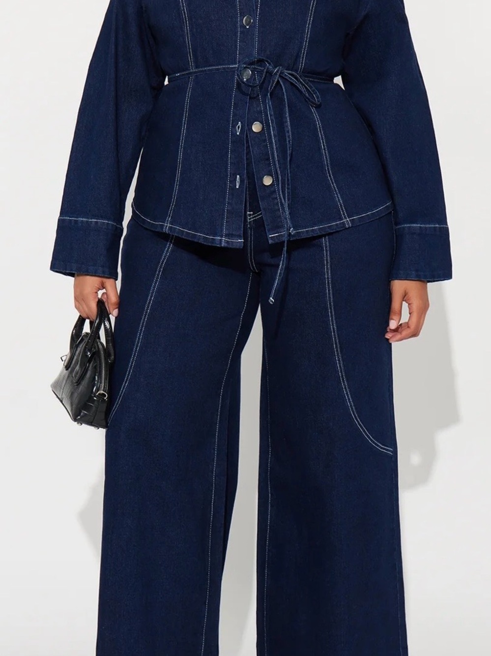 Fashion Nova Dark Indigo set Denim Jacket w/Waist Tie w/cuffed wide leg jeans